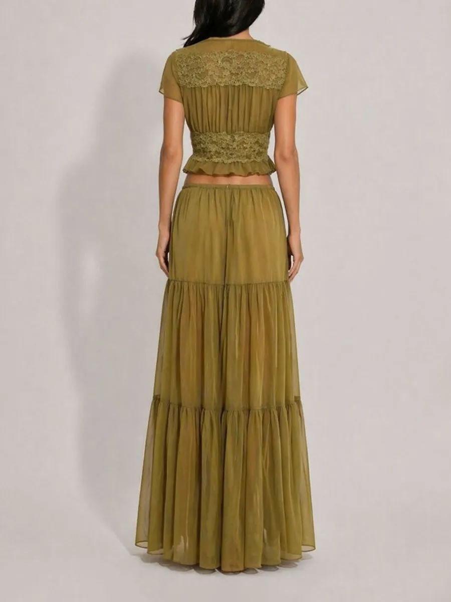 Mariana Mesh & Lace Deep V-Neck Maxi Skirt Set with Ruffles