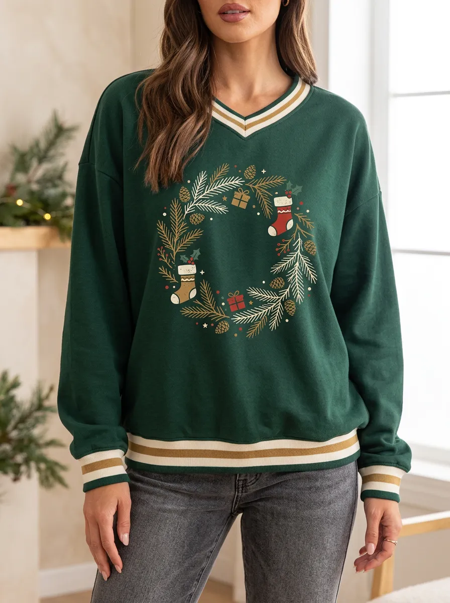 Christmas Holiday Wreath Stocking Gift Print Sweatshirt