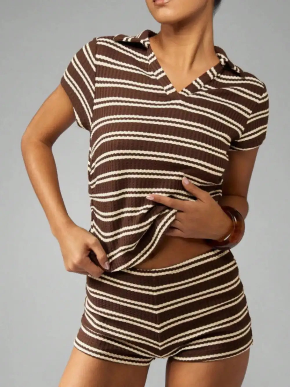 Striped Knit Short Sleeve Top Shorts Set