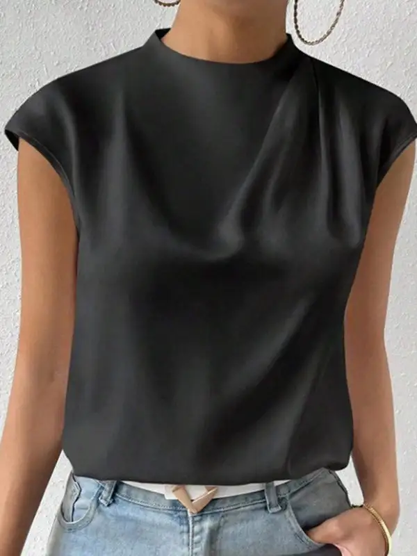 Relaxed Sleeveless Cutout Pleat Detail Mock Neck T-Shirt