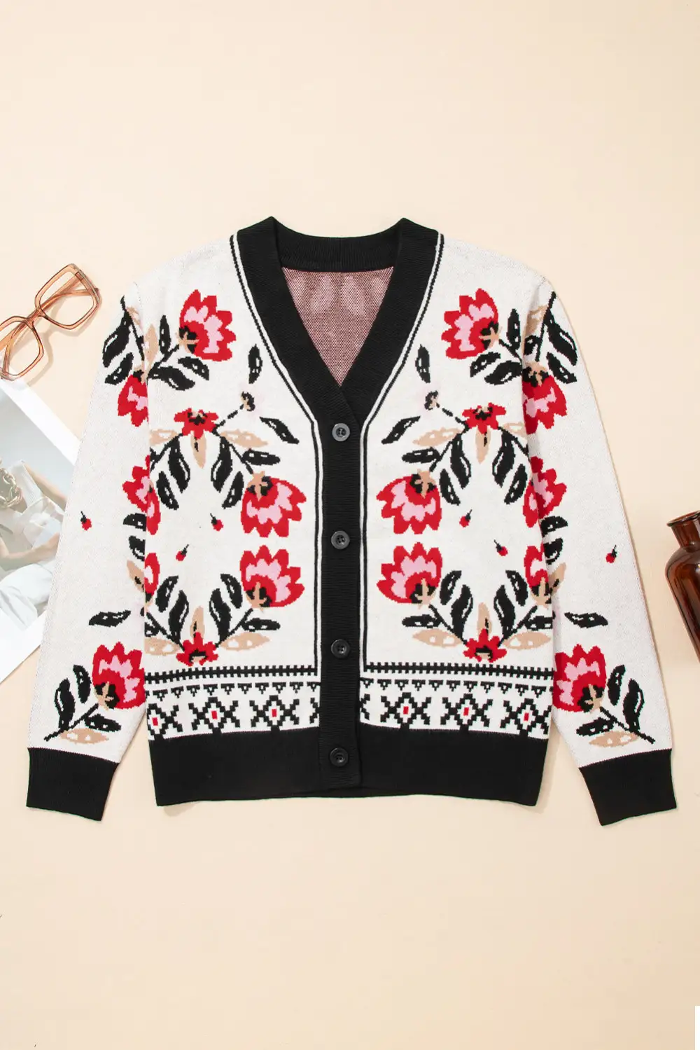 Floral Print Button Front V Neck Knit Everyday Layer Cardigan