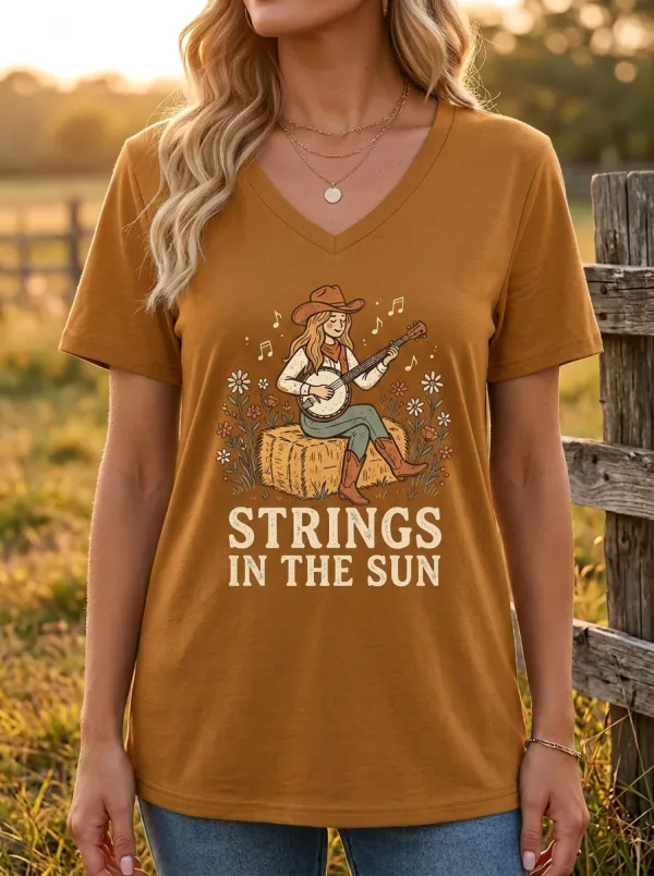 Roadhouse-Inspired Banjo Floral Custom Country Music V-Neck T-Shirt
