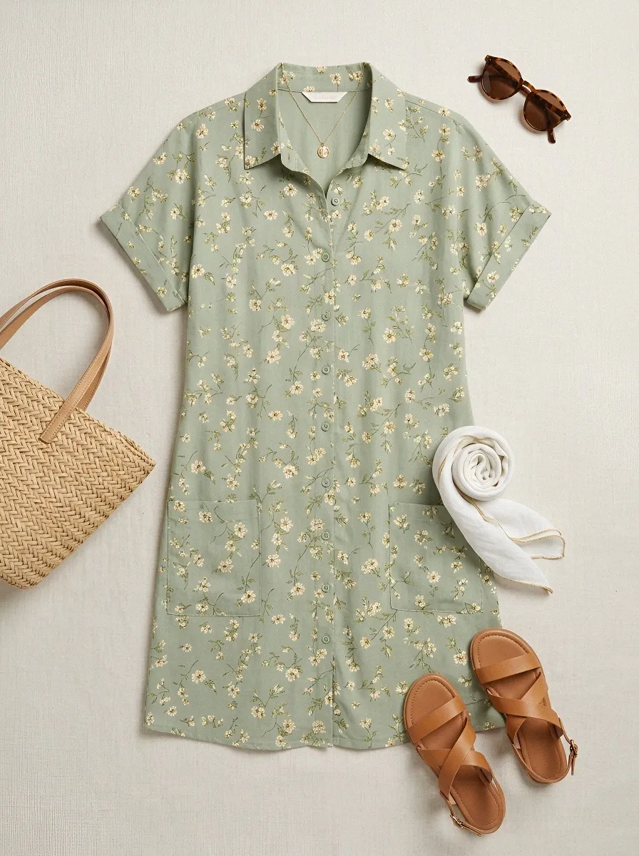 Women's Summer Vacation Sage Green Floral Printed Shirt Dress