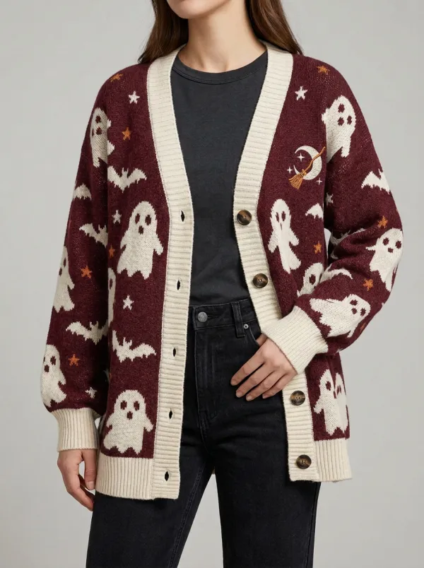 Women's Halloween Ghost Bat Moon Pattern Knitted Cardigan