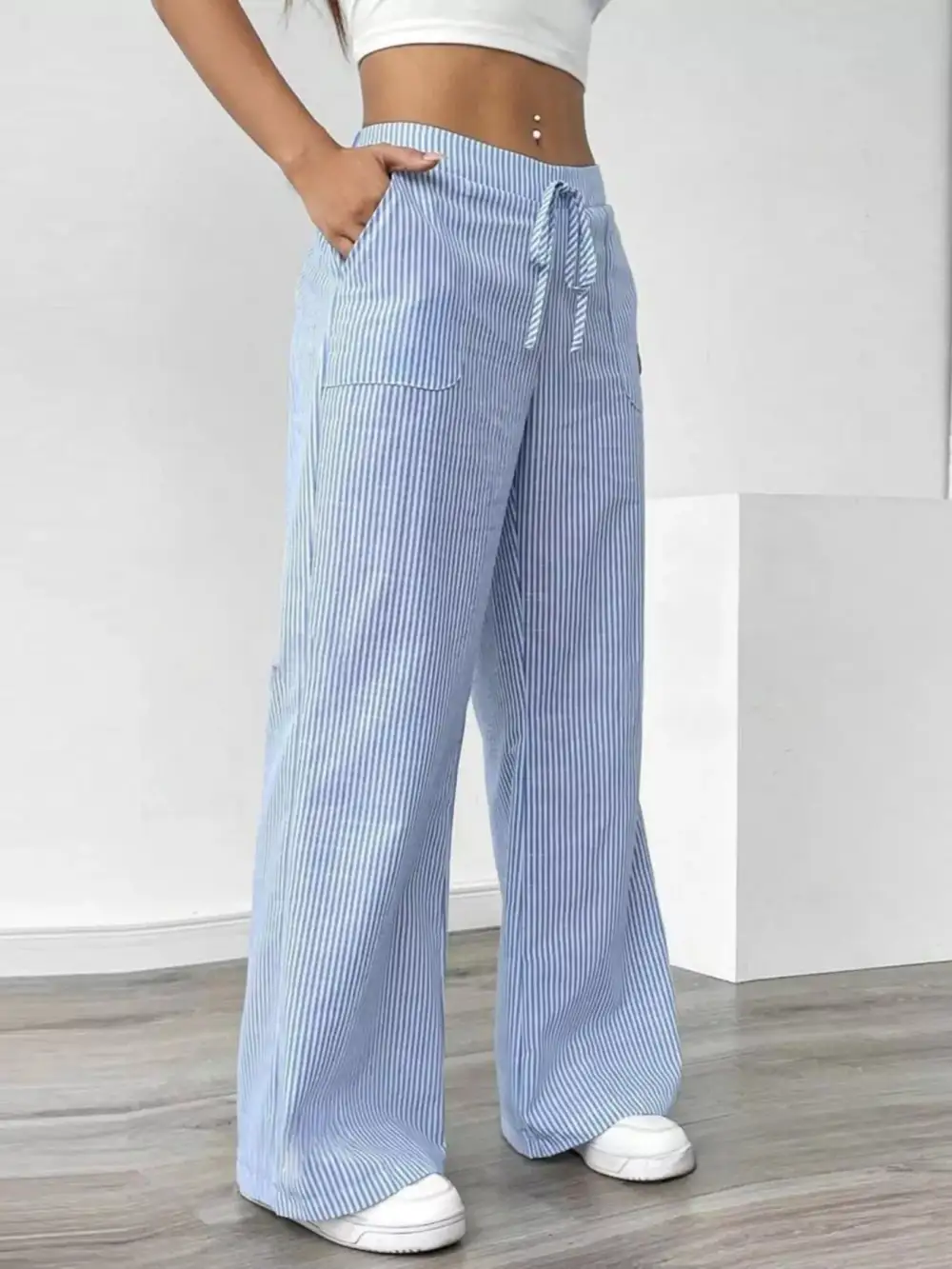 Wide Leg Striped Pocketed Casual Pants