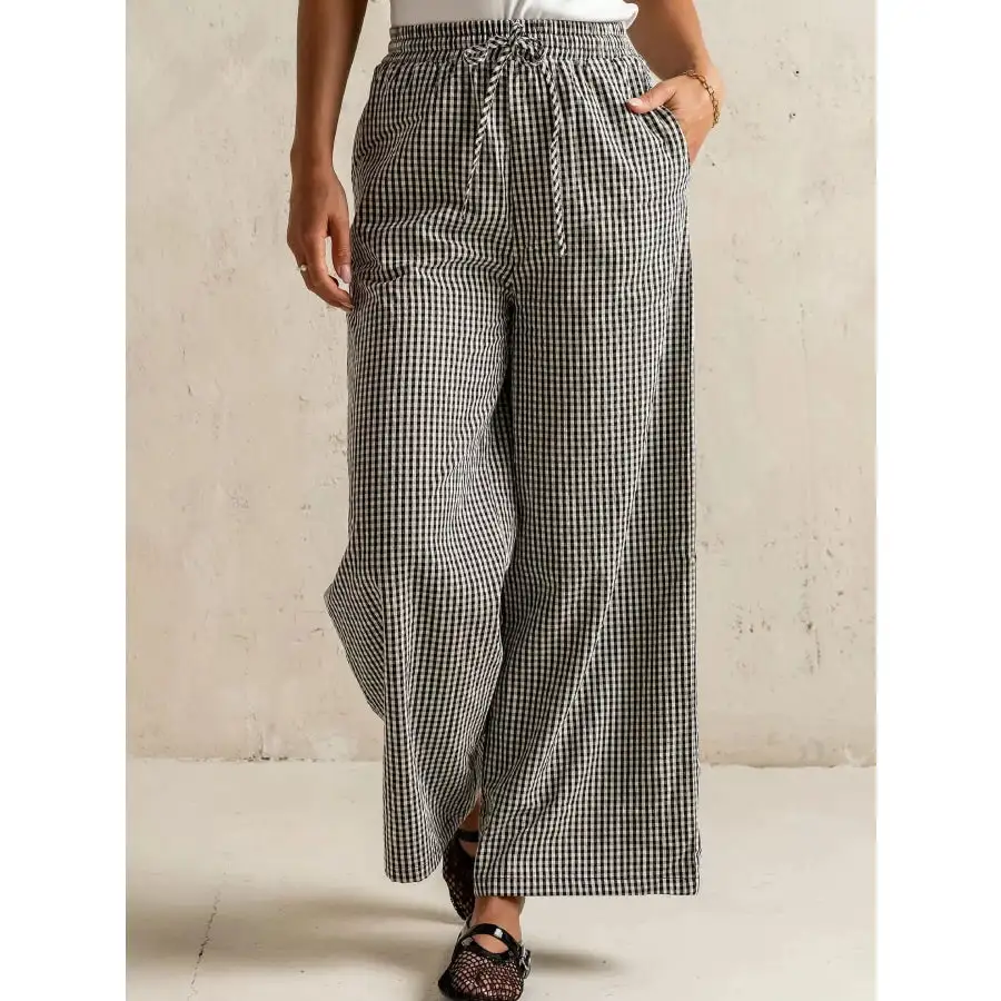Gingham Print Wide Leg Casual Pants