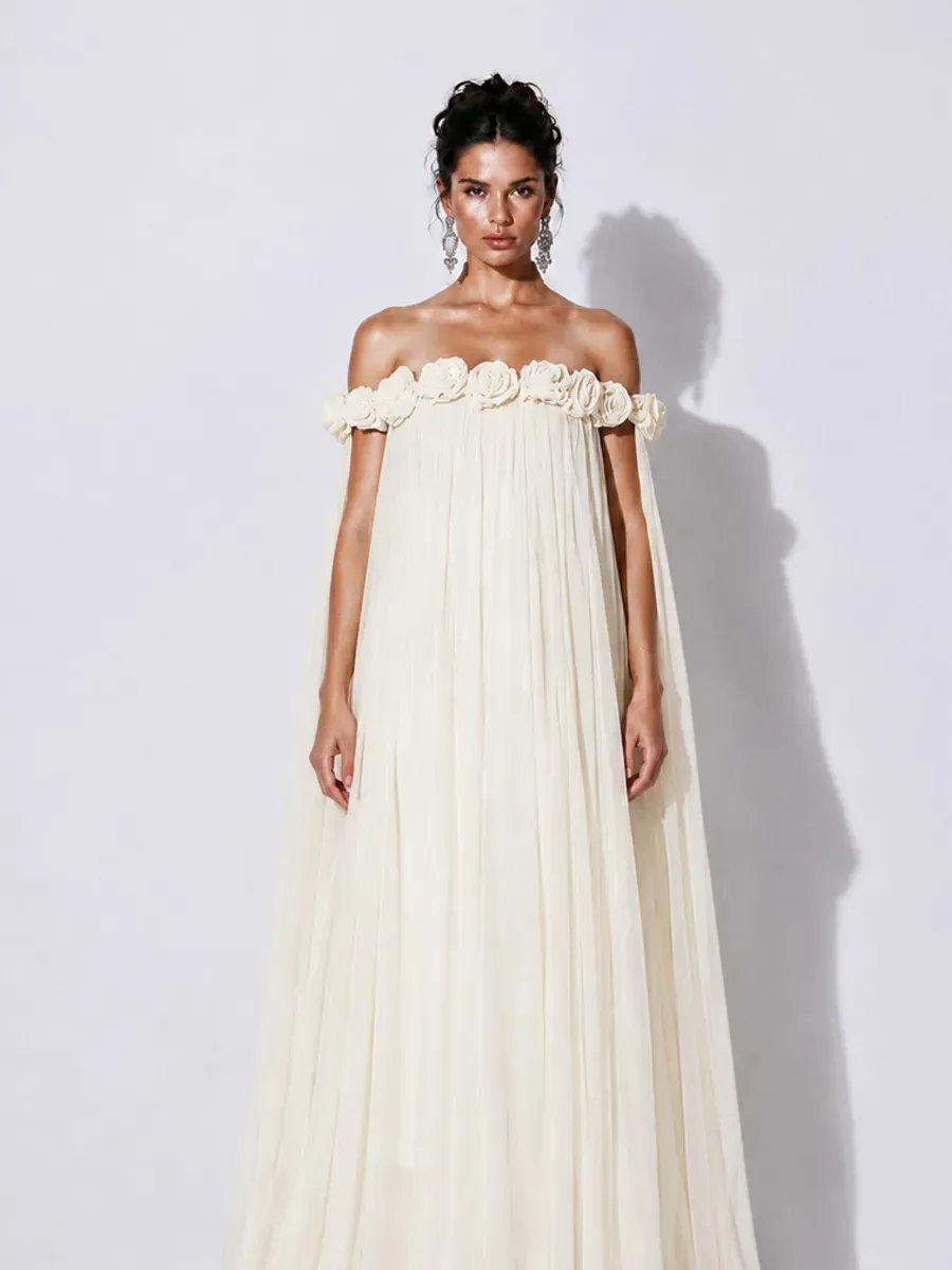 Grace 3D Floral Pleated Off-Shoulder Maxi Dress