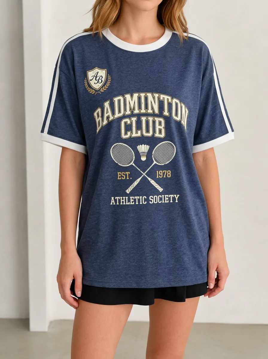 Women's Badminton Club Sport Lover Racket Shuttlecock Printed T-shirt