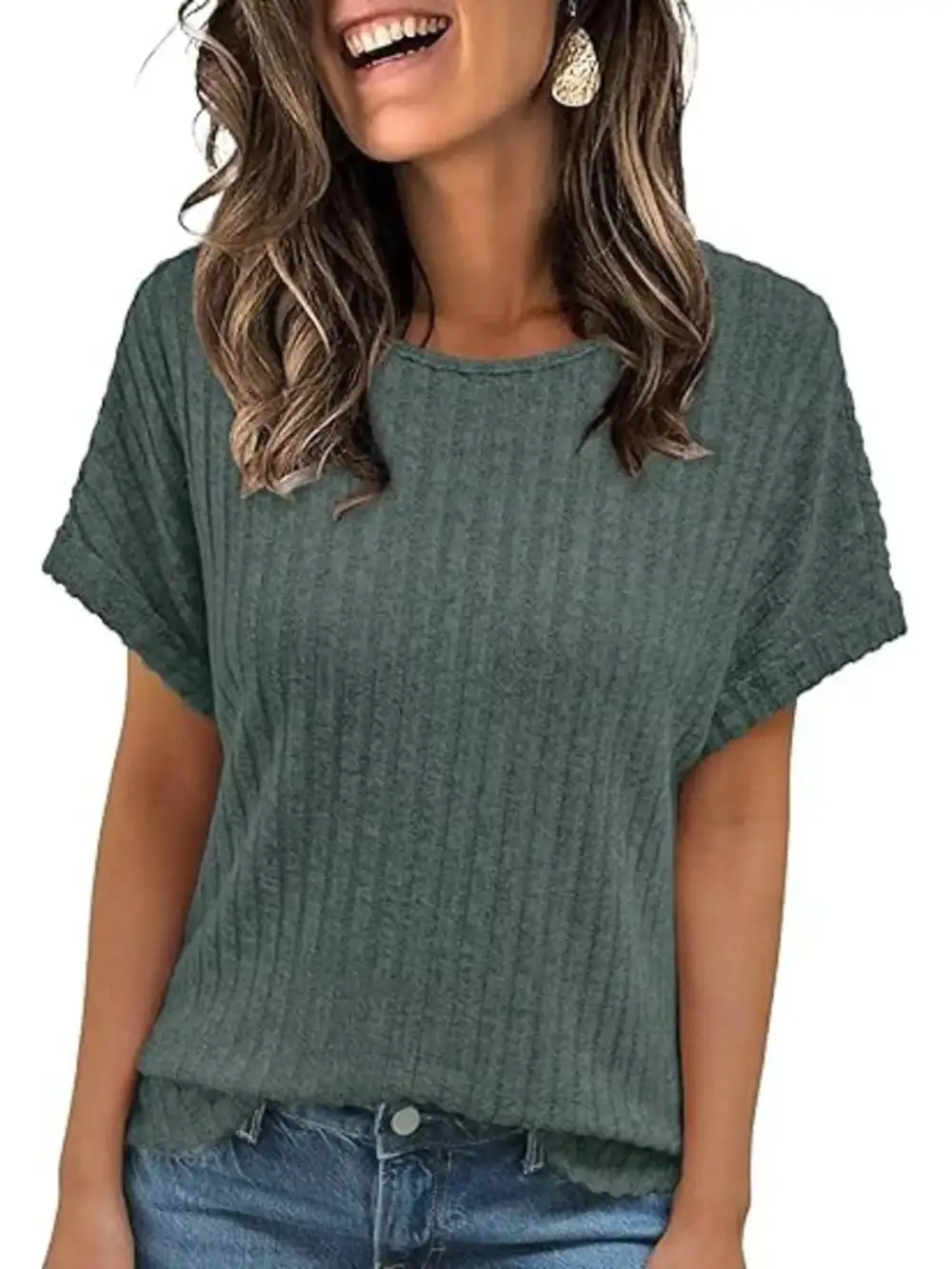 Casual Ribbed Knit Short Sleeve T Shirt