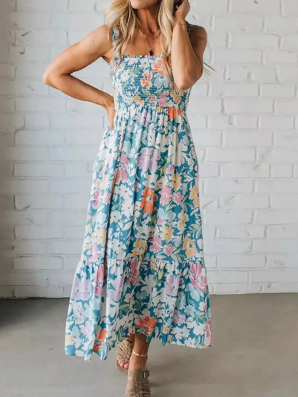 Smocked Smocked Square Neck Midi Dress