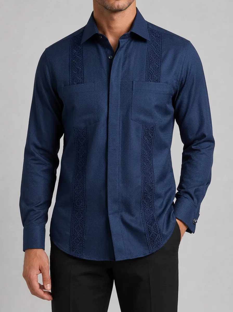 Men's Casual Mexican Style Embroidered Long Sleeve Guayabera Shirt