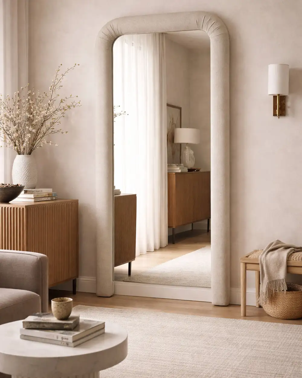 Ruched Upholstered Floor Mirror