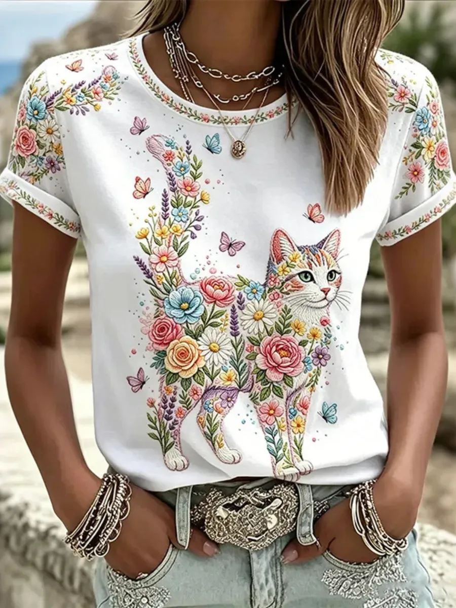 Women's Retro Rose Embroidered Pattern Crew Neck T-shirt