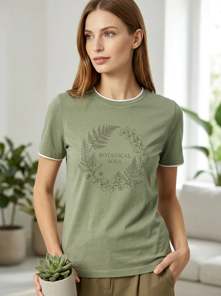 Women's Botanical Soul Fern Wreath Printed T-shirt