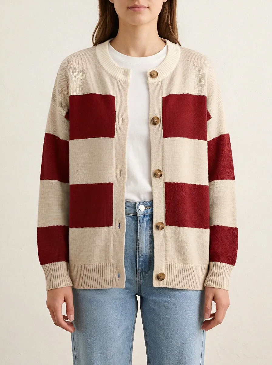 Textured Distinctive Rugby Striped Knit Cardigan