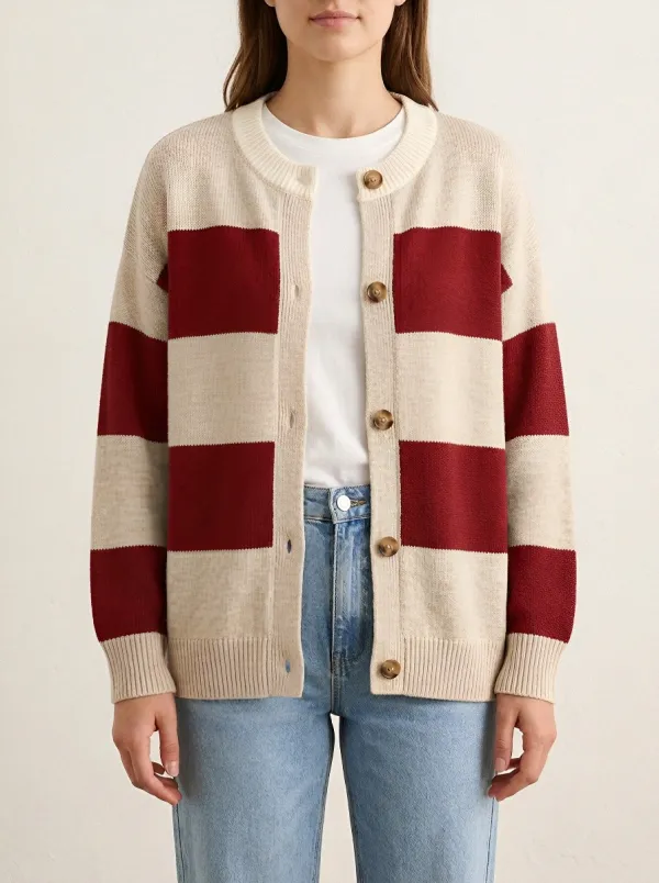 Textured Distinctive Rugby Striped Knit Cardigan