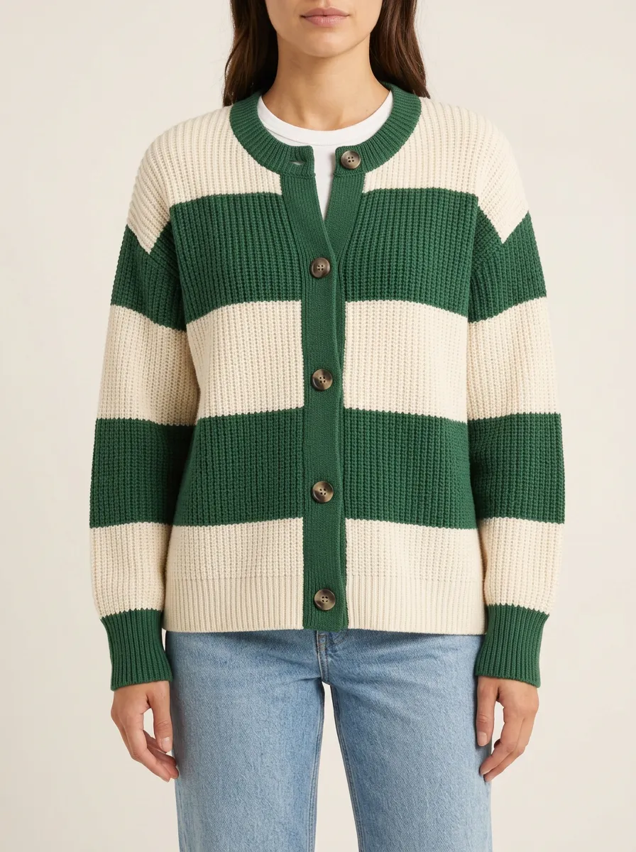 Easy Layer Distinctive Rugby Striped Knit Cardigan
