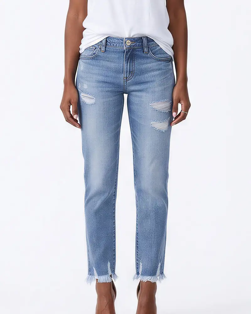 Distressed Cropped Raw-Hem Straight Jeans