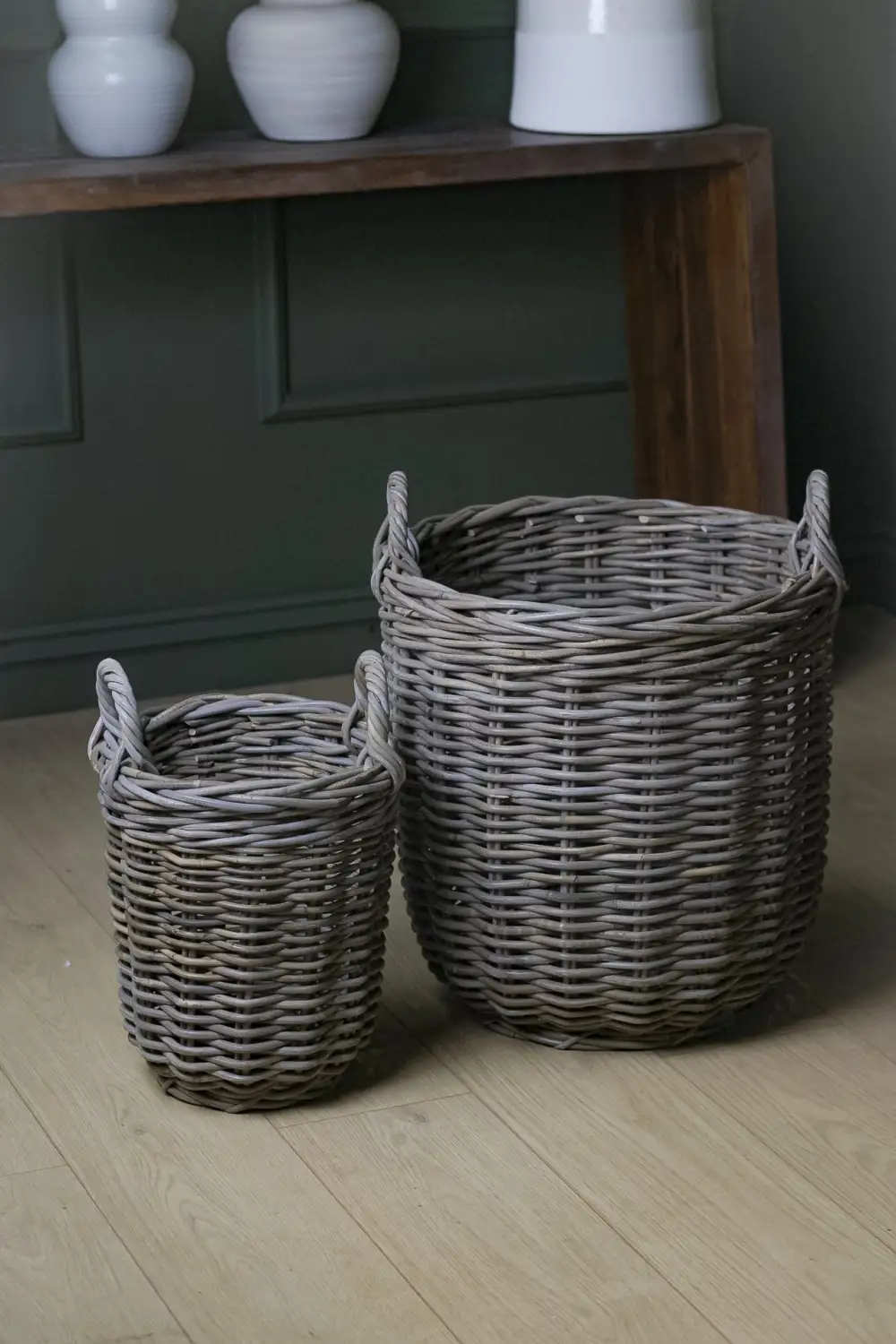 Round Rustic Washed Rattan Storage Basket