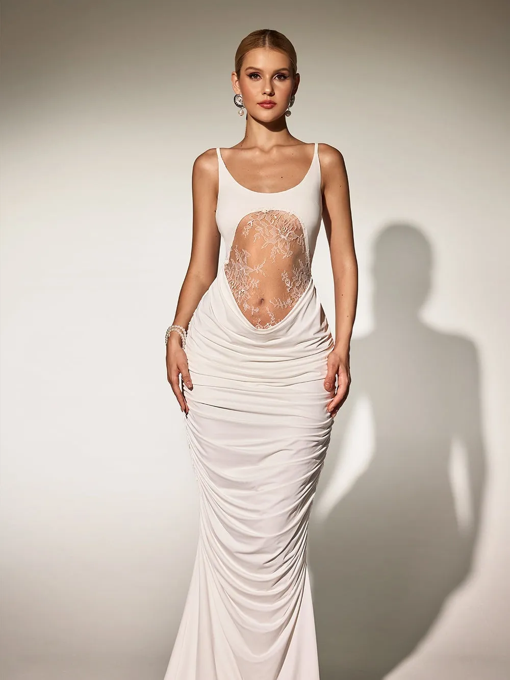 Brythis Spaghetti Ruched Lace Maxi Dress