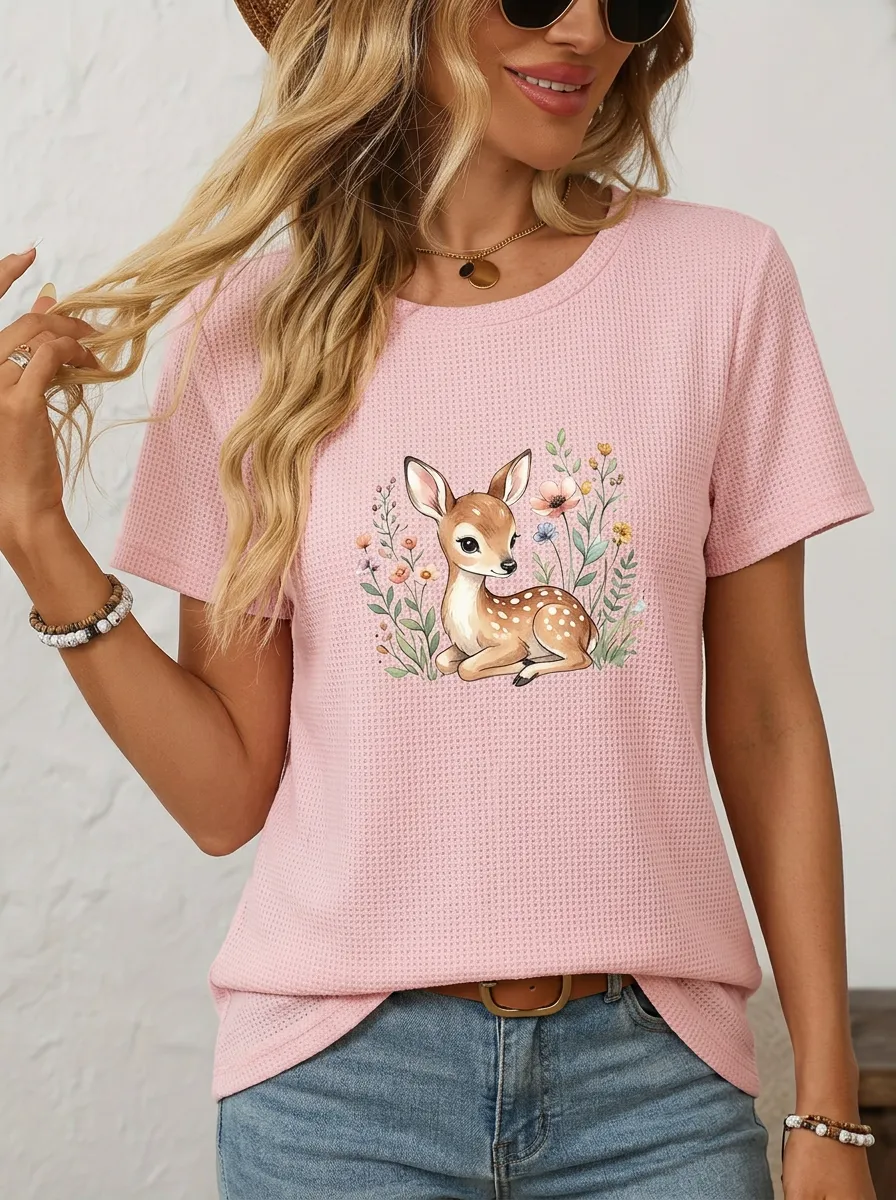 Deer Floral Nature Women's Loose Printed T-Shirt
