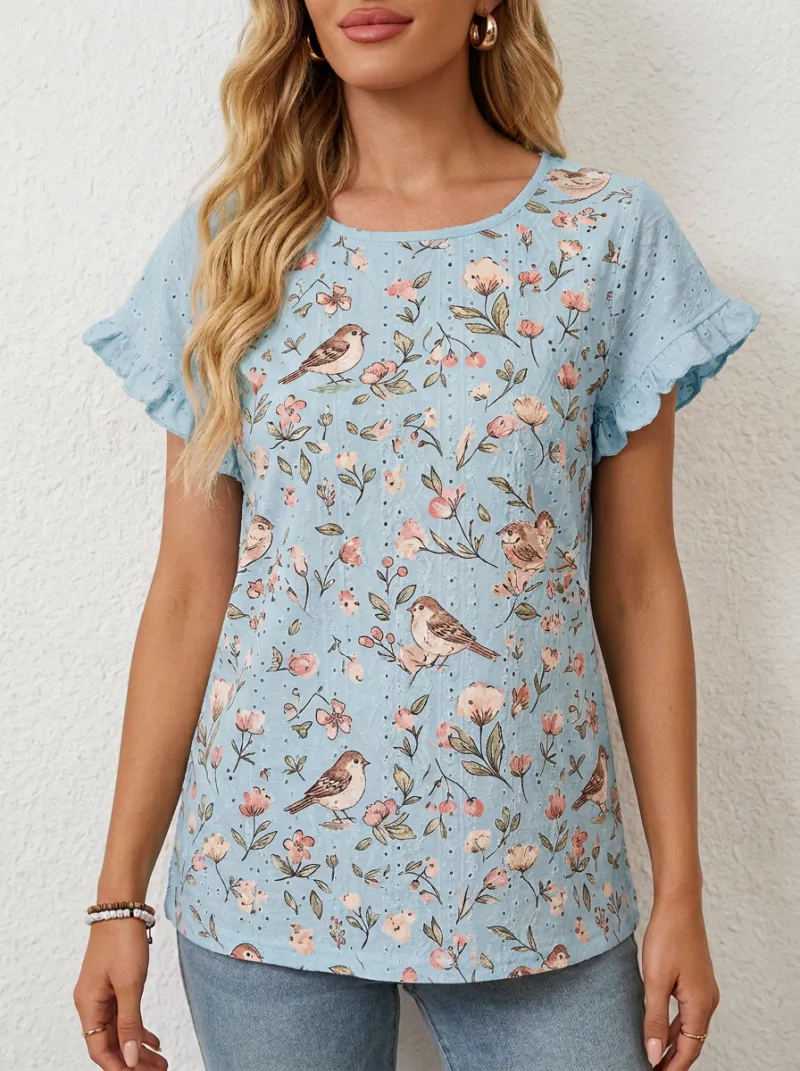 Bird Floral Nature Women's Loose Printed Blouse