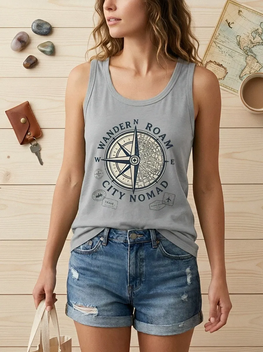 Women's Travel Lover Compass Map Printed Tank Top