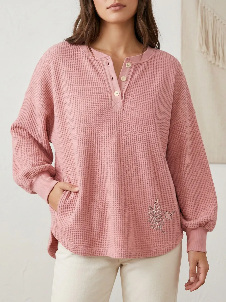 Women's Nature Lover Bird Leaf Printed Waffle Knit Henley Sweatshirt