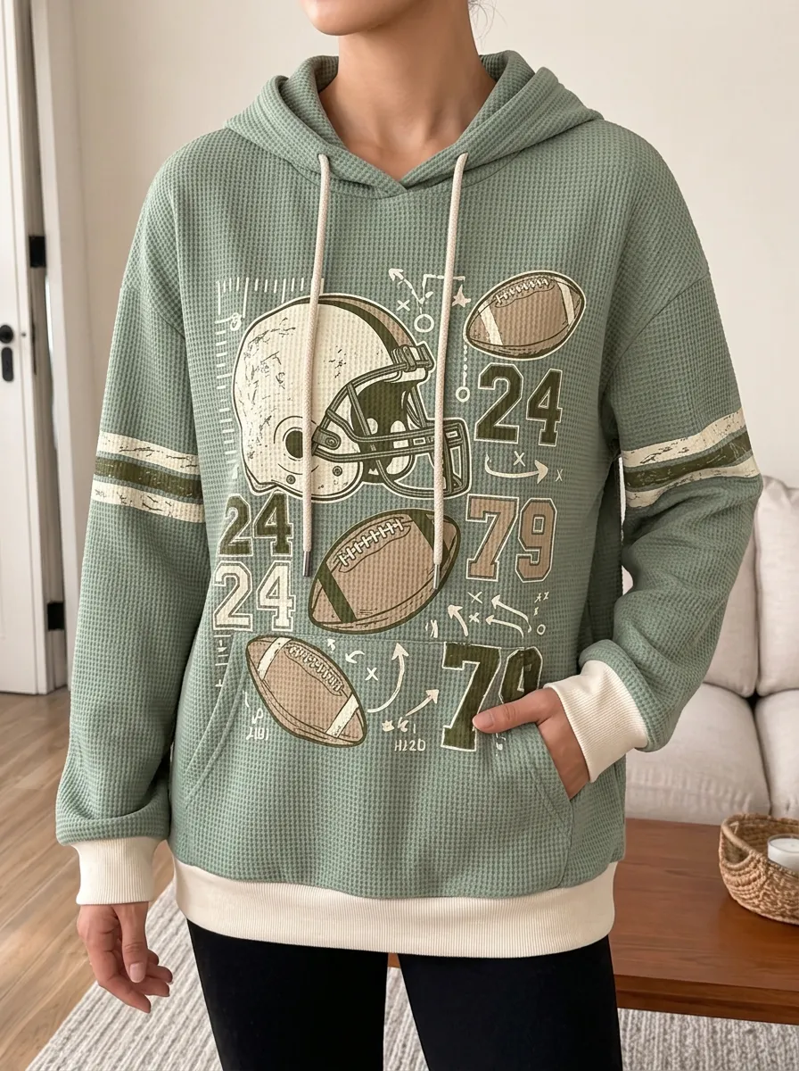 Women's Heritage Football Fan Helmet Ball Printed Waffle Knit Hoodie