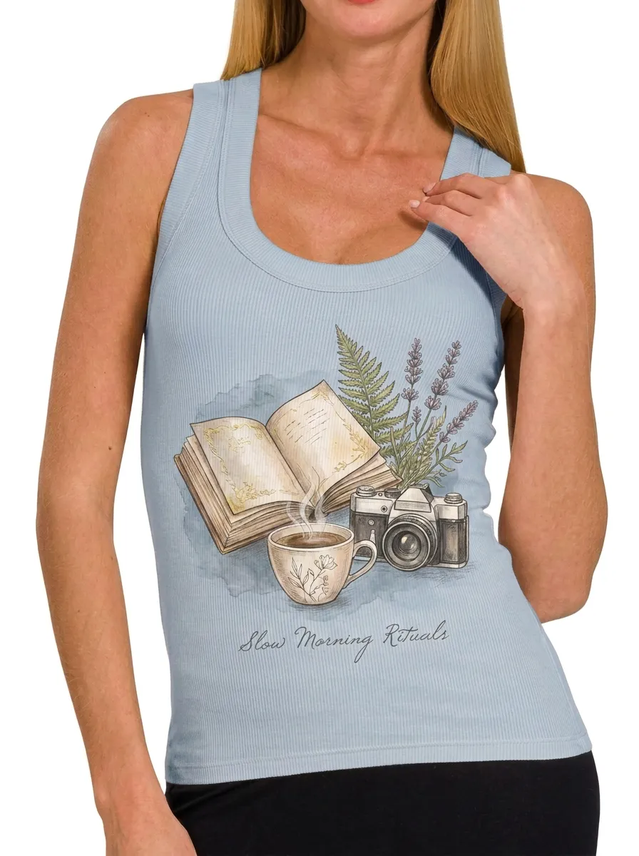 Women's Book Coffee Camera Fern Printed Ribbed Tank Top