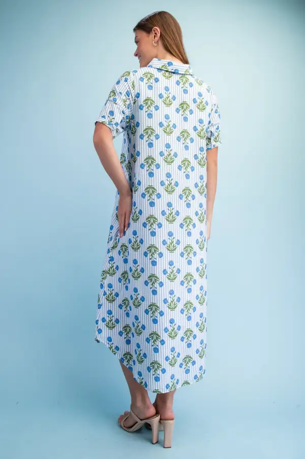 Classic Floral Striped Short Sleeve Collared Dress