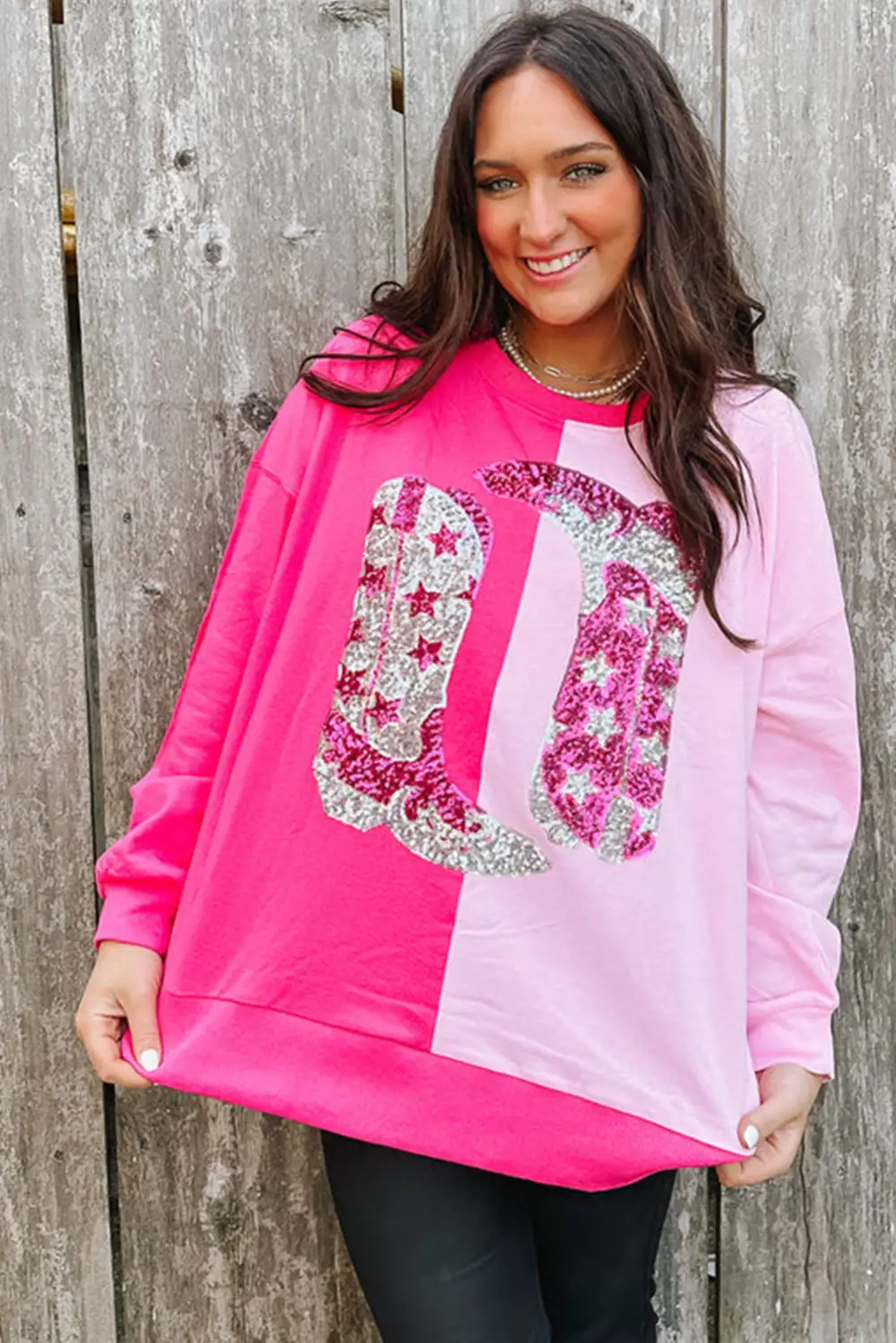 Color Block Sequined Cowgirl Boots Graphic Sweatshirt