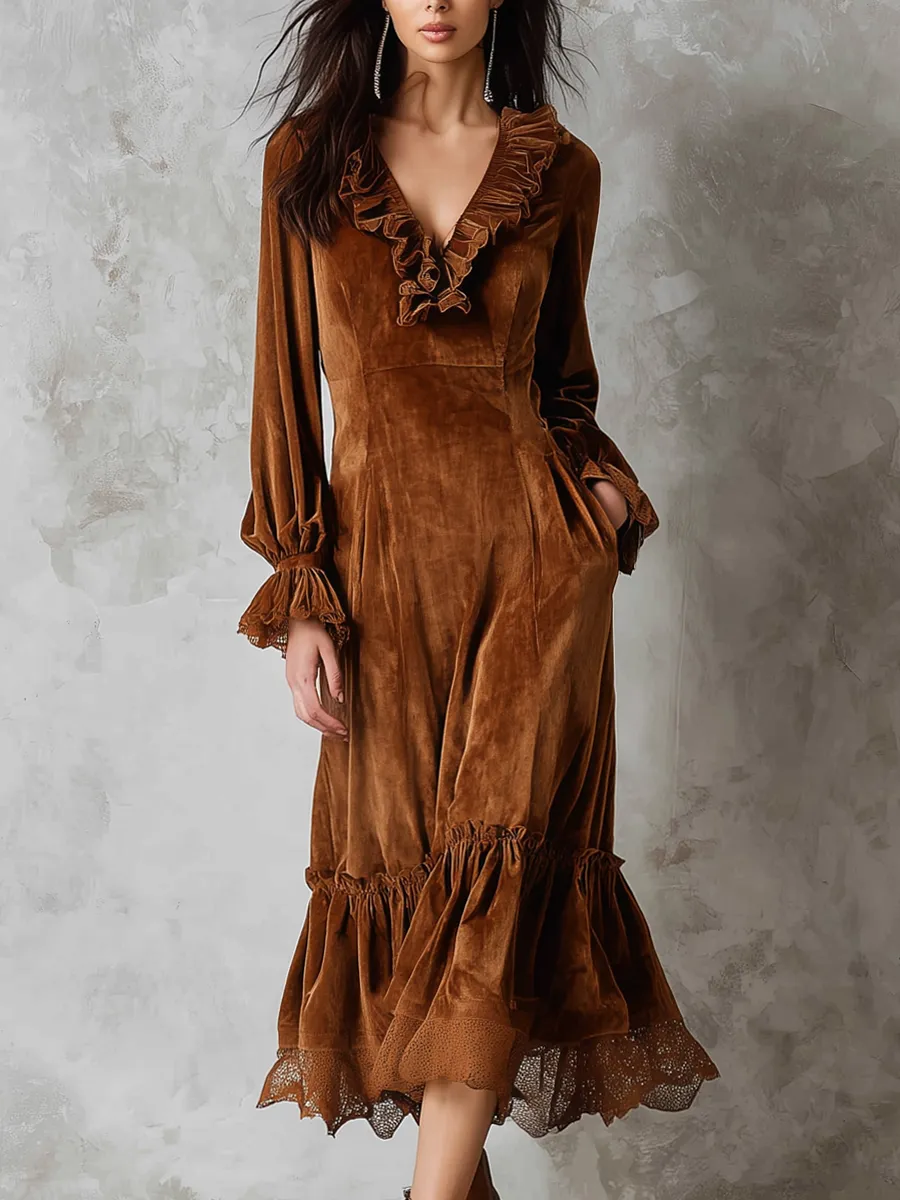 Retro Ruffle Neck Lace Trim Eco-friendly Velvet Midi Dress