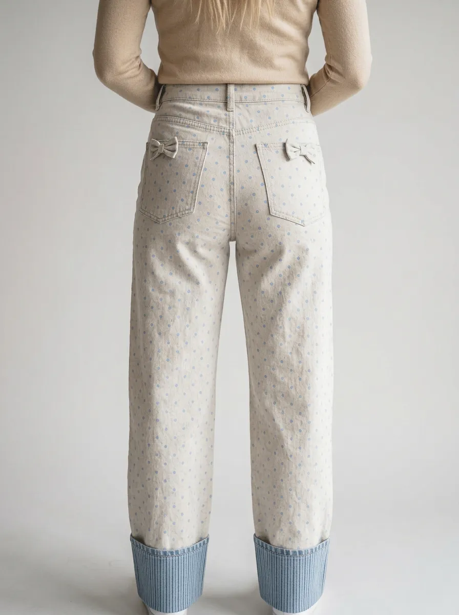 Women's Western Style Polka Dot Bow Printed Jeans