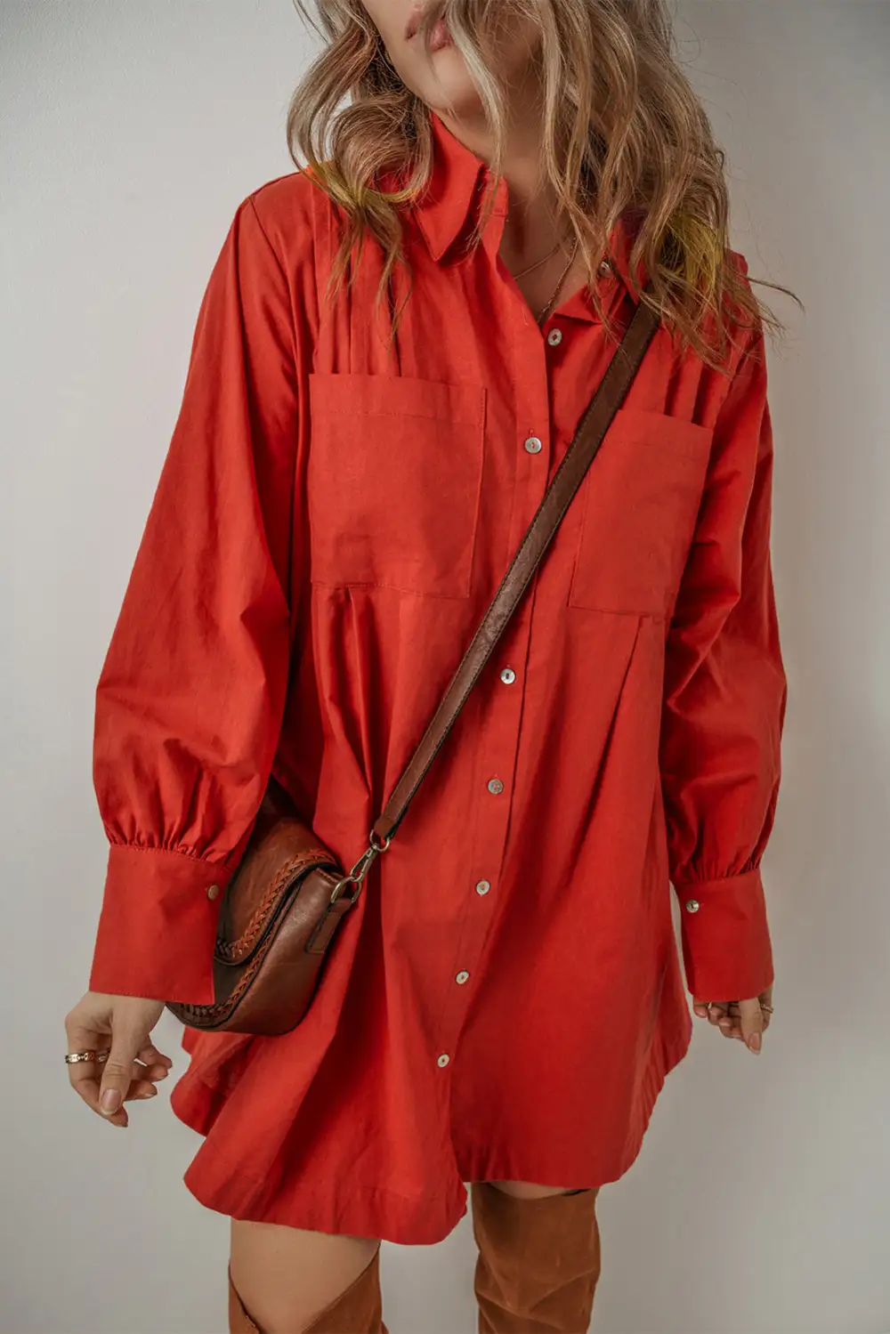Pleated Button Front Mini Dress