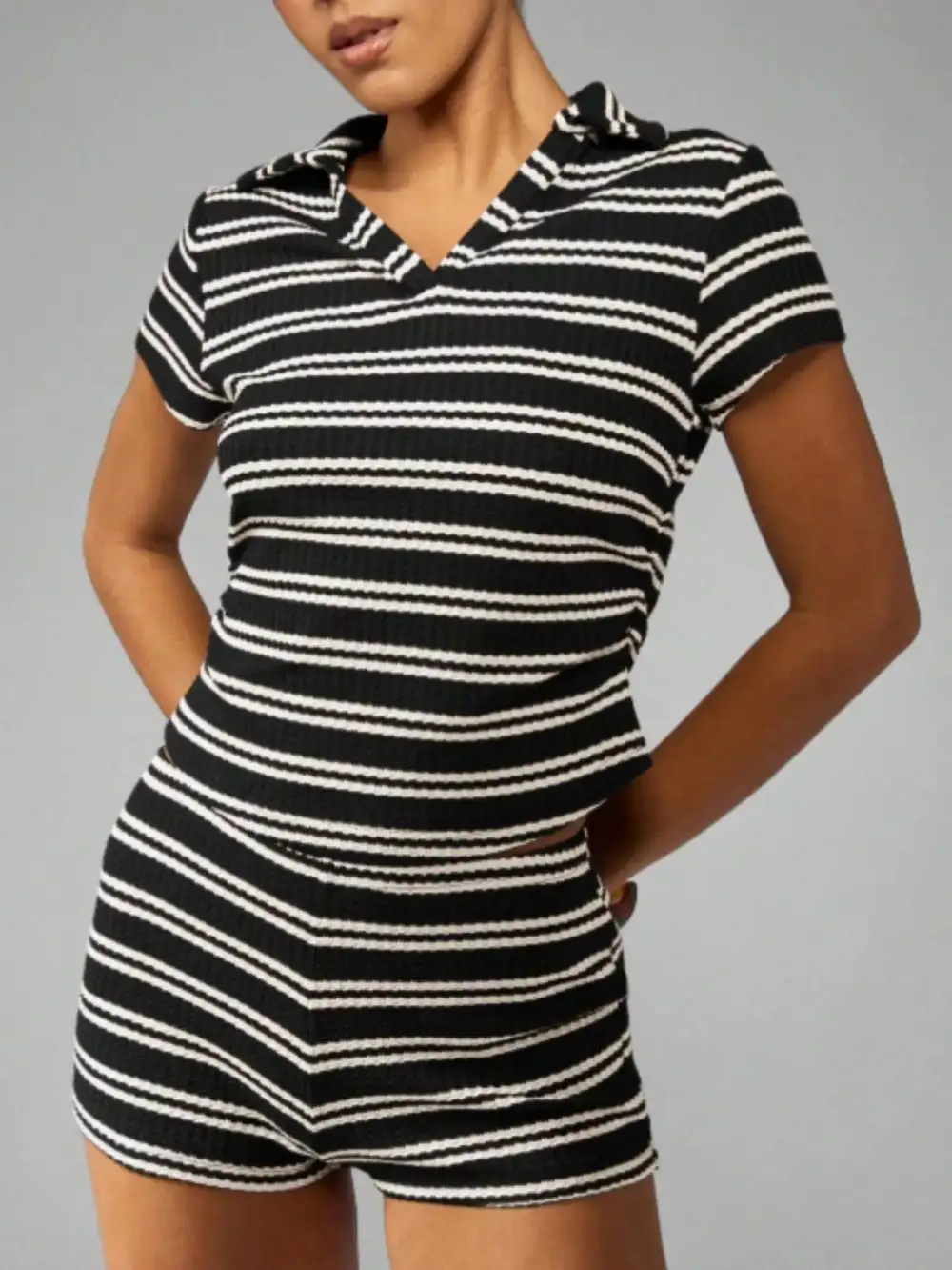 Striped Knit Short Sleeve Top Shorts Set