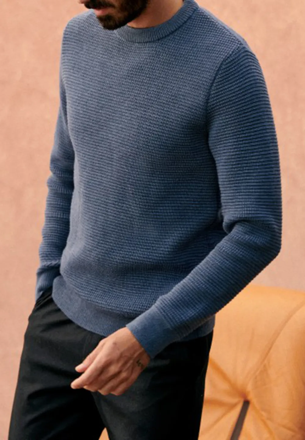 Slate Blue Fine Ribbed Knit Crew Neck Sweater