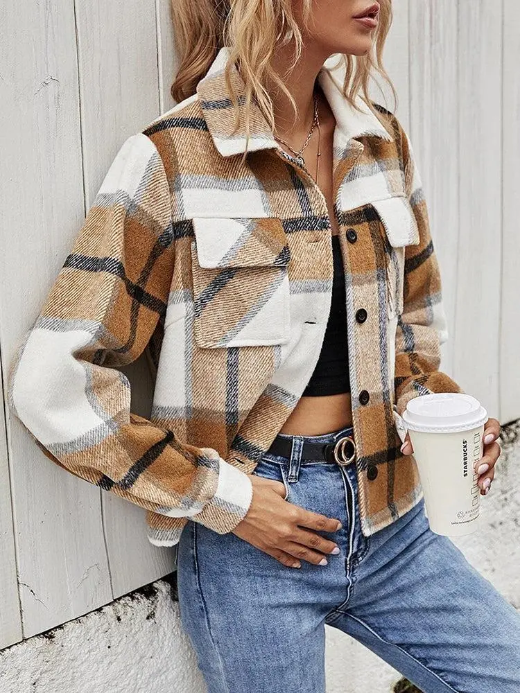 Relaxed Collared Plaid Pocketed Jacket