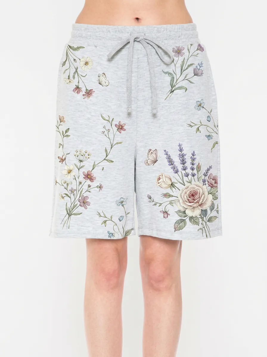 Women's Floral Butterfly Botanical Printed Above-Knee Sweat Shorts