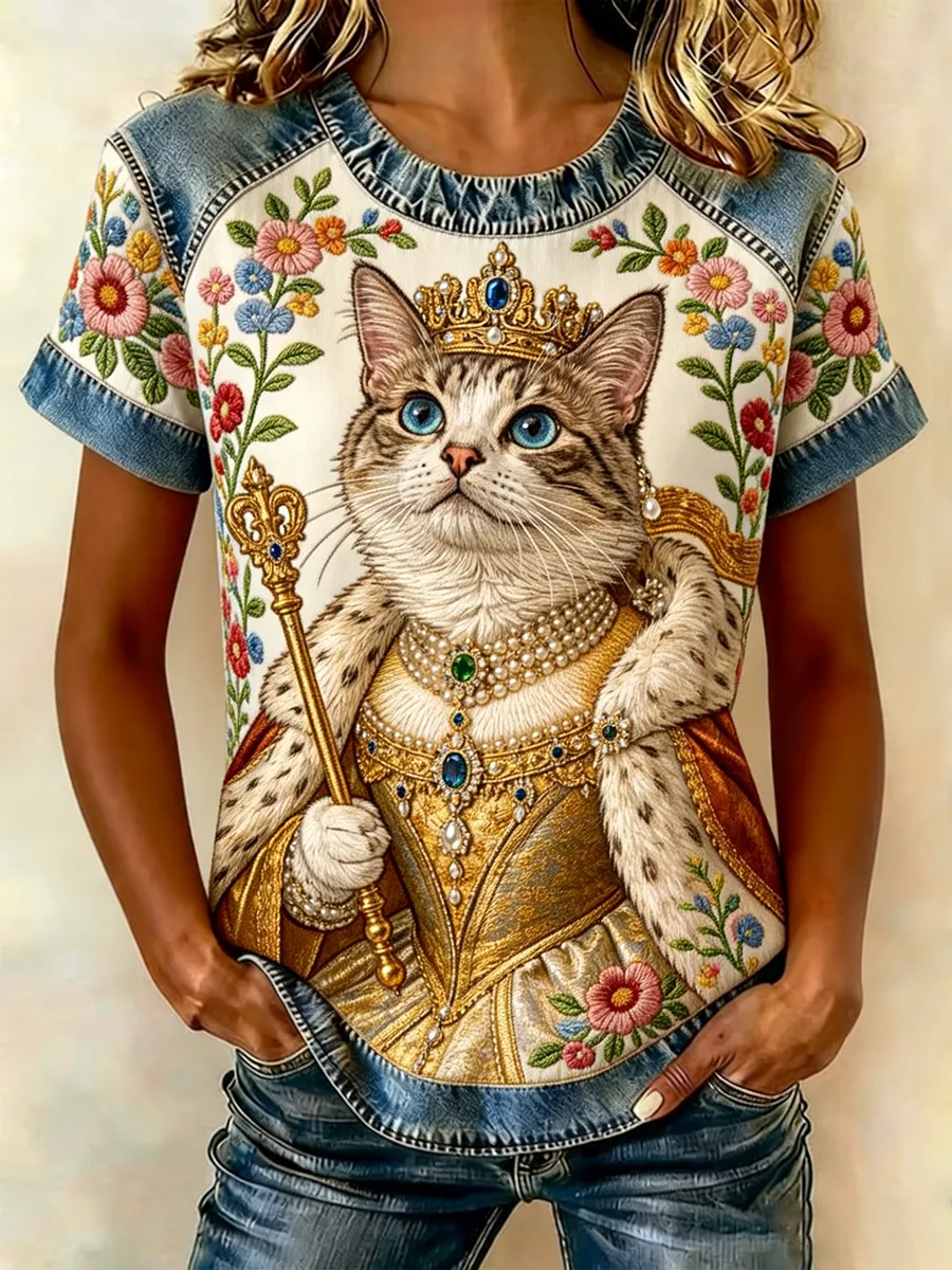 Queen Tabby Cat Scepter Embroidered Denim Patchwork T-Shirt