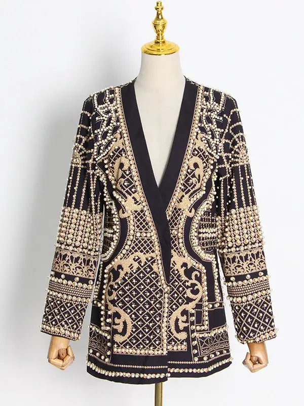 Long Sleeve Relaxed Beaded Printed V-Neck Neck Blazer