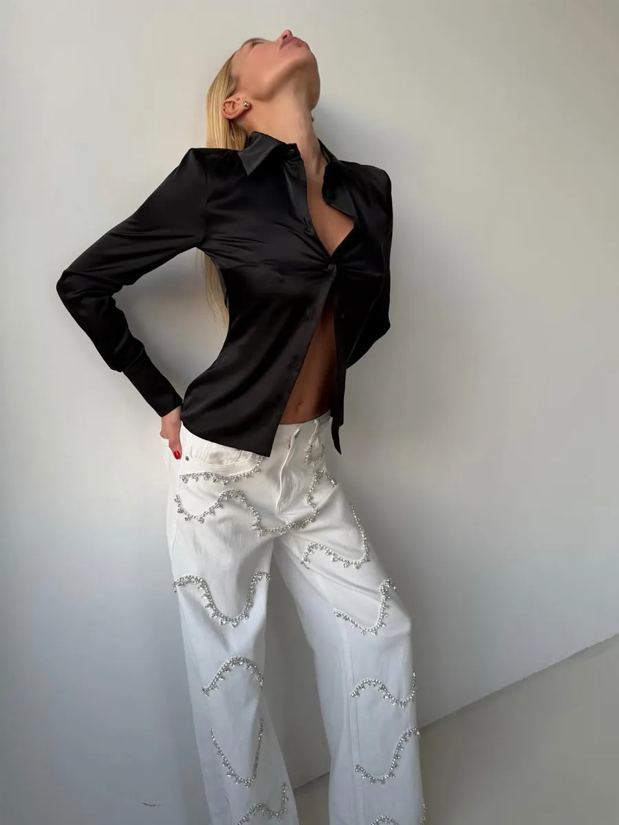 Lucienne Curved Rhinestone-Paneled Jeans