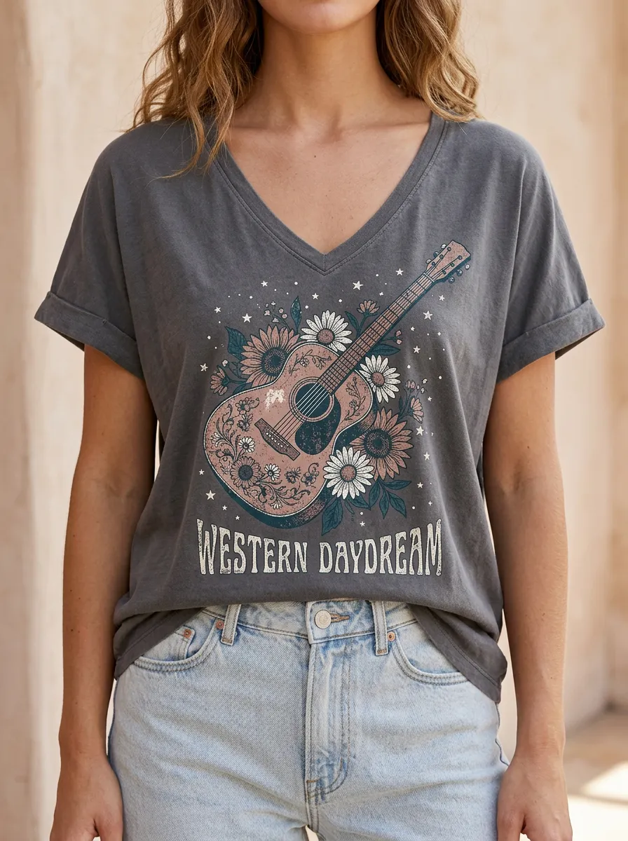 Western Floral Western V-Neck T-Shirt