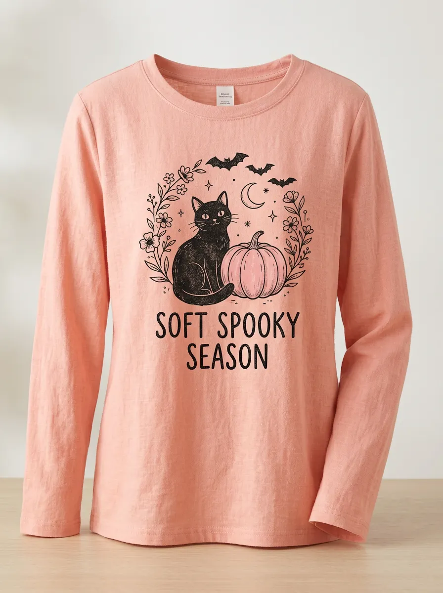 Pumpkin Cat Floral Halloween Cotton Linen Long Sleeve Top