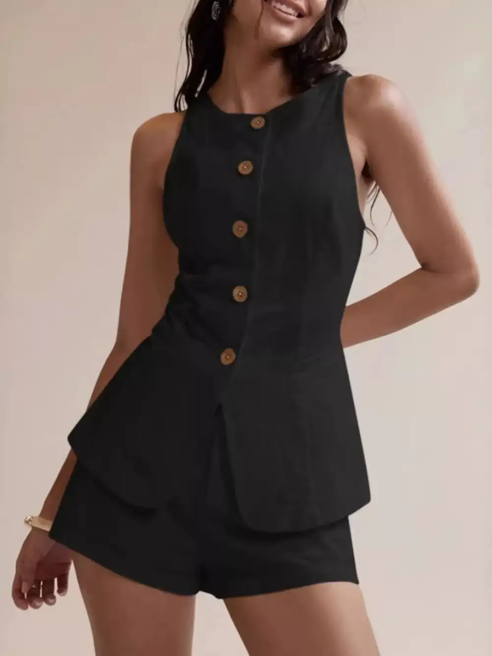 Button Down Sleeveless Top Shorts Set