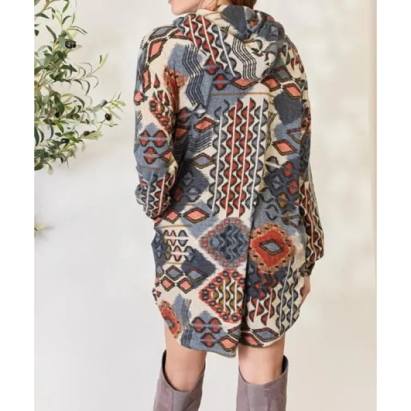 Full Size Printed Button Up Hooded Jacket