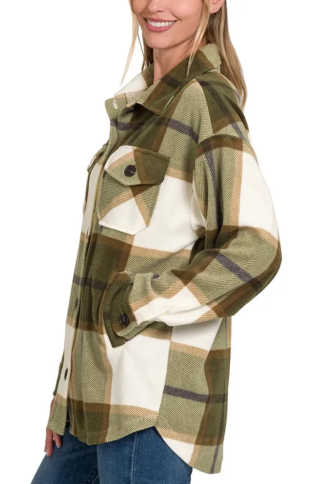 Collared Fleece Plaid Pocketed Jacket