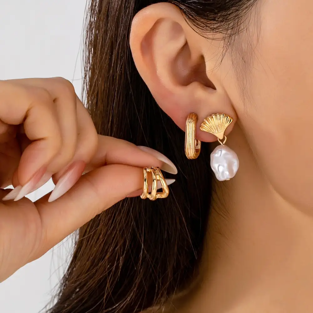 Textured Hoop Pearl Trio arrings