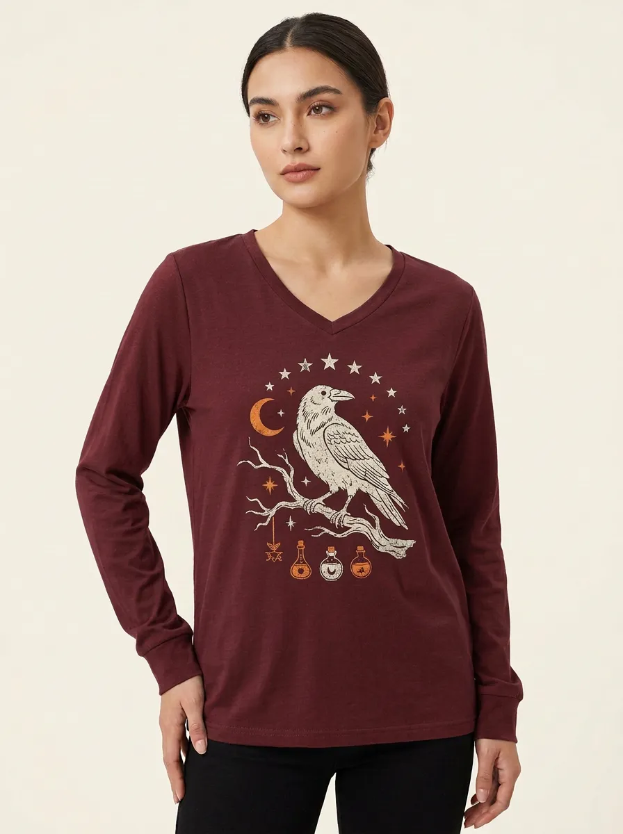 Women's Halloween Gothic Raven Moon Potion Printed Long Sleeve V-Neck Top