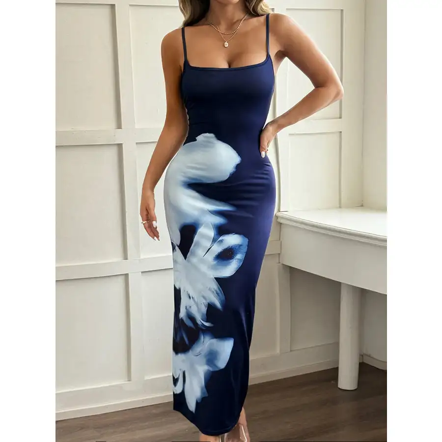 Printed Bodycon Spaghetti Strap Maxi Dress